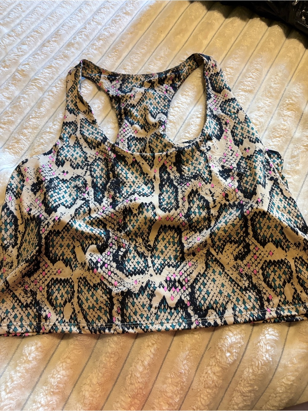 Snake-Print Racerback Crop Top in Cream and Teal